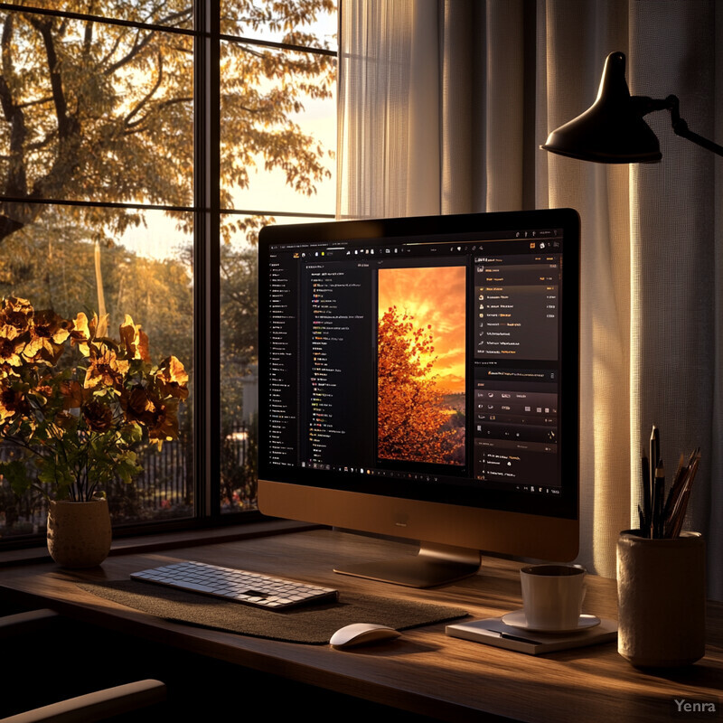 A computer monitor displaying a coding interface in an orange and yellow color scheme, situated on a desk near a window with a view of the outdoors during sunset or sunrise.