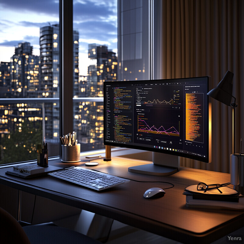 A computer screen displaying code sits on a cluttered desk in front of a window offering a city view.