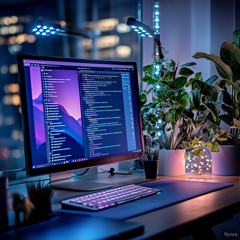 A computer monitor displaying code on its screen sits on a desk in front of a window, surrounded by various objects such as a keyboard, mouse, papers, and plants.