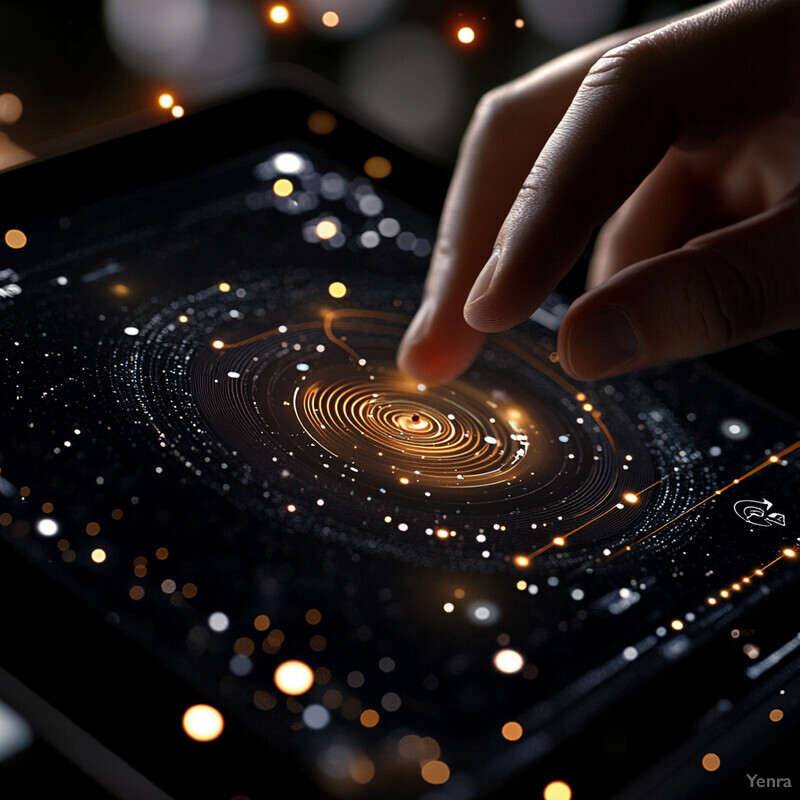 A hand interacts with a digital galaxy display.