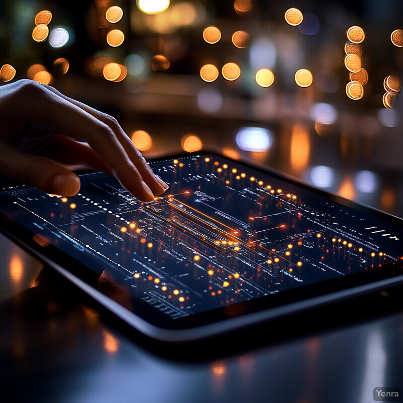 A person interacts with an electronic tablet displaying a digital circuit board or microchip design.