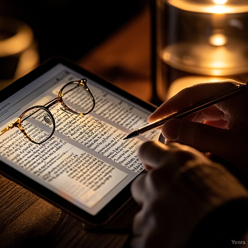 An individual is reading on a tablet in the evening with a lamp nearby.