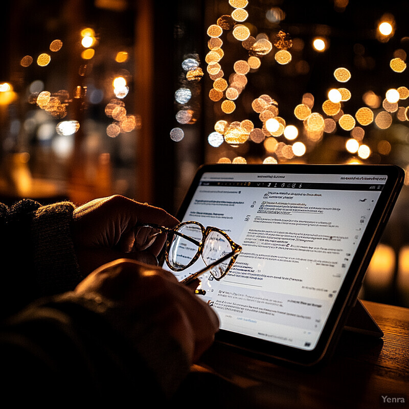 A person is sitting at a table, focusing on their iPad and wearing glasses.