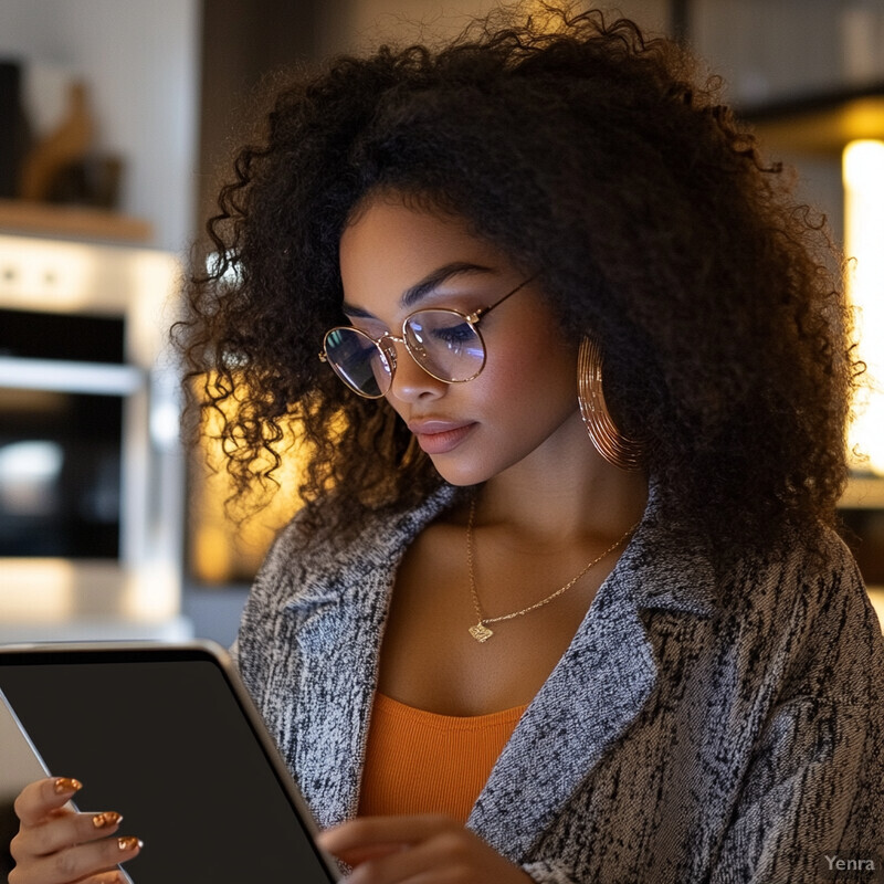 A woman with curly hair and glasses is intently focused on her tablet in a kitchen or dining area.