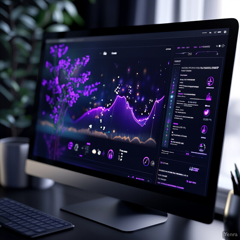 Computer monitor displaying a graph with purple lines and icons along the bottom edge.