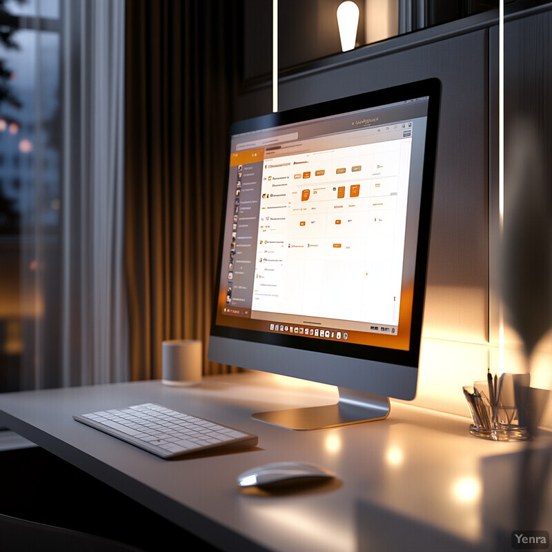 An office setting with a computer monitor and keyboard on a desk, surrounded by various objects such as a pen holder, a cup of coffee or tea, and a book.