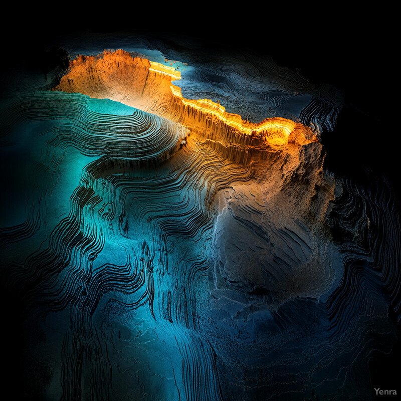 A 3D terrain model of a landscape with a prominent cliff or mountain range in the center.