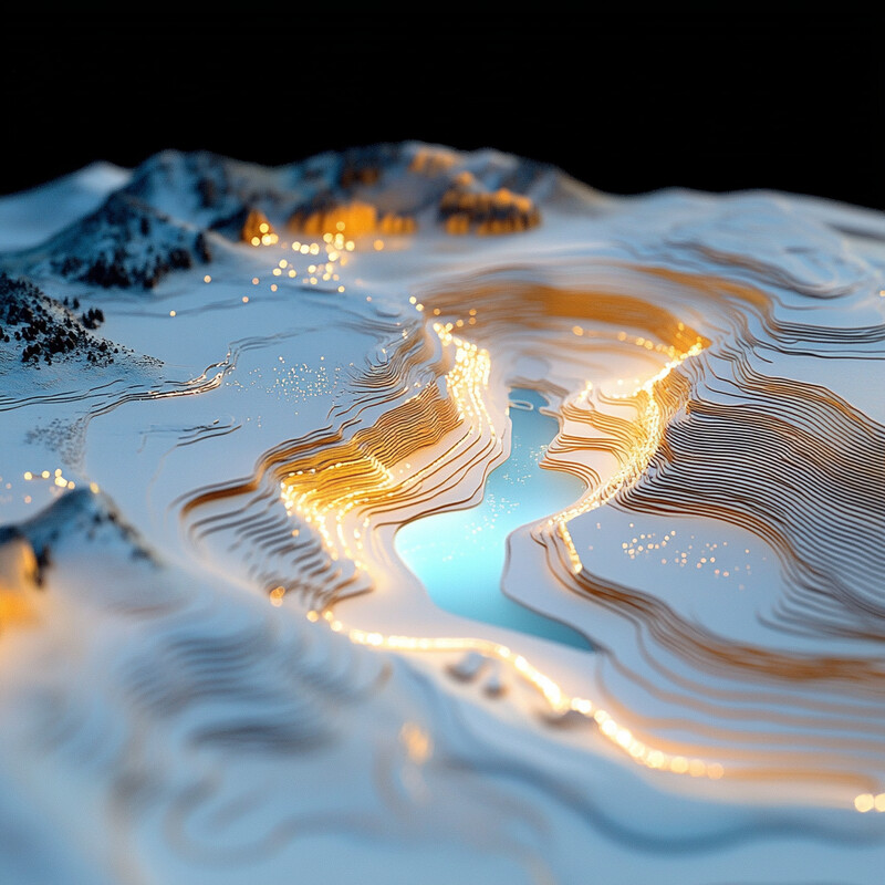 A 3D terrain model of a mountainous landscape with intricate topography and varied elevation levels.