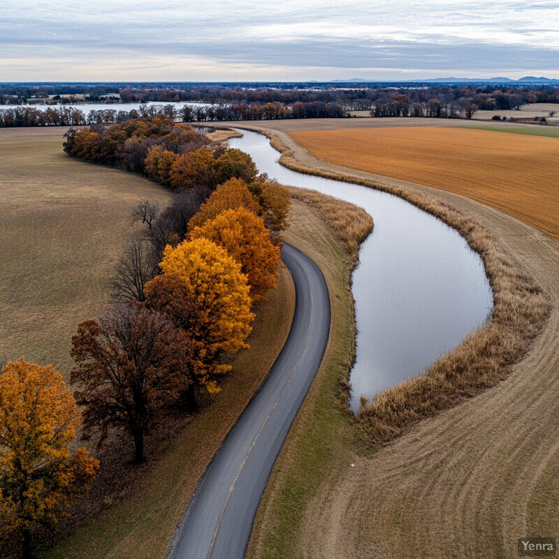 Aerial photograph of a winding road flanked by trees and fields in autumnal colors.