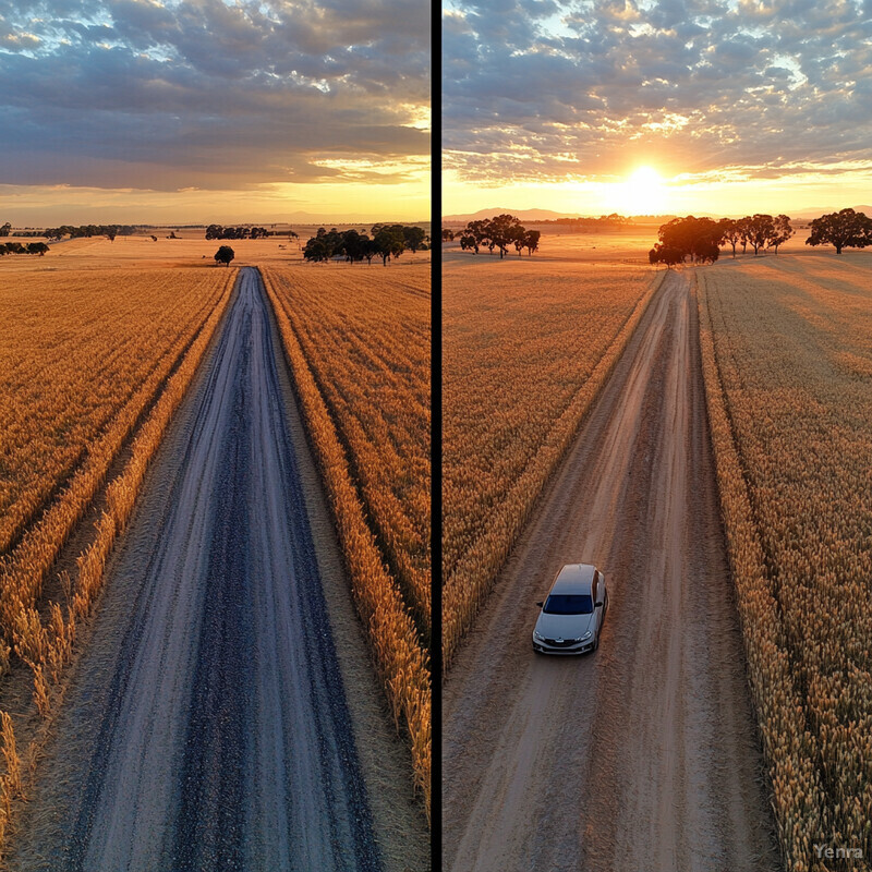 A serene rural landscape with a dirt road and golden wheat field at sunset.