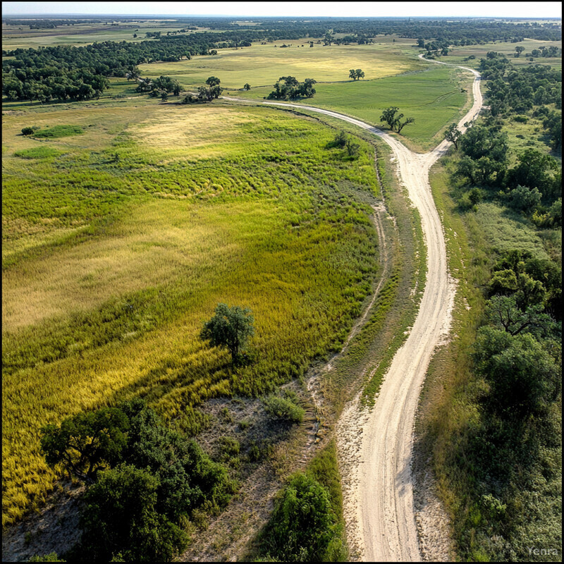 A dirt road winds through a grassy field with scattered trees, creating a peaceful and idyllic scene.