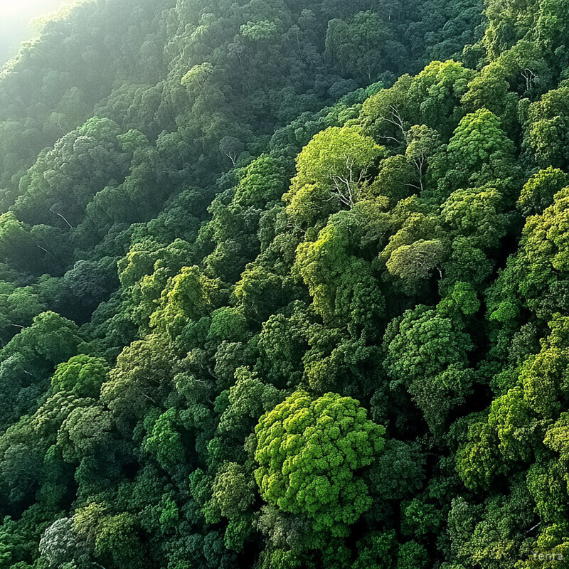 A dense forest with trees densely packed together, showcasing their lush green canopies and sturdy brown trunks.