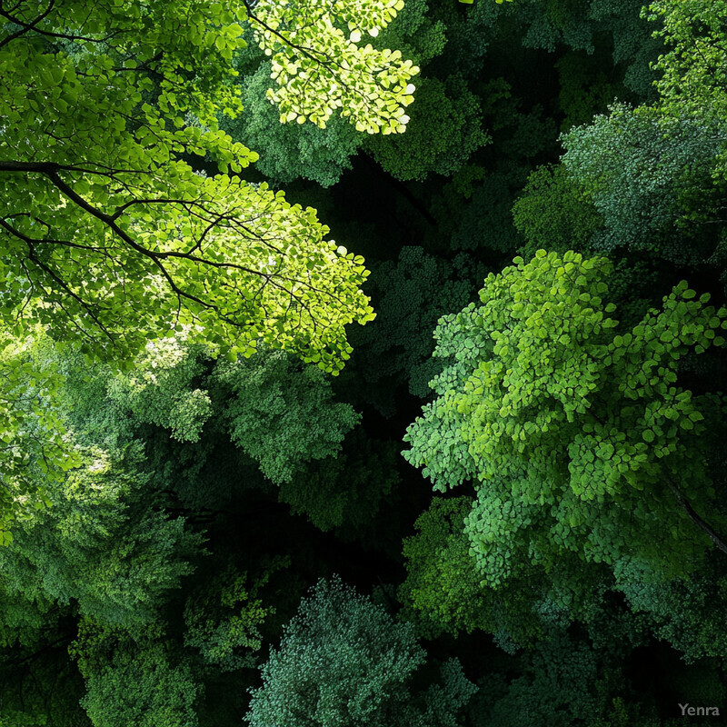 A serene and vibrant forest canopy with sunlight filtering through dense foliage.