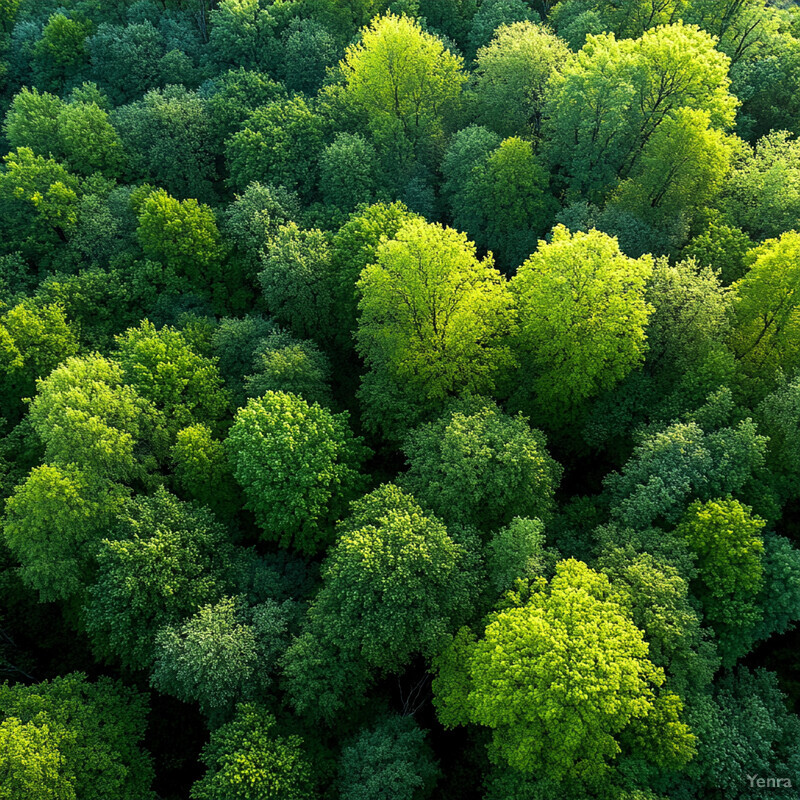 Aerial view of a lush forest with numerous trees densely packed together, showing healthy and vibrant leaves.