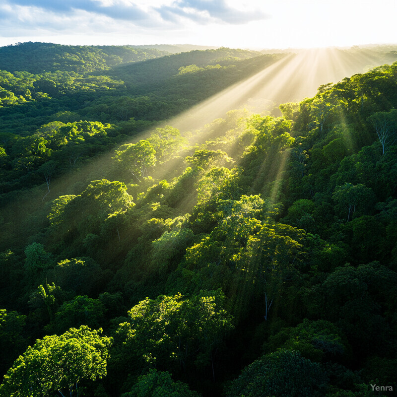 A serene forest scene with towering trees and a mountain range in the background.