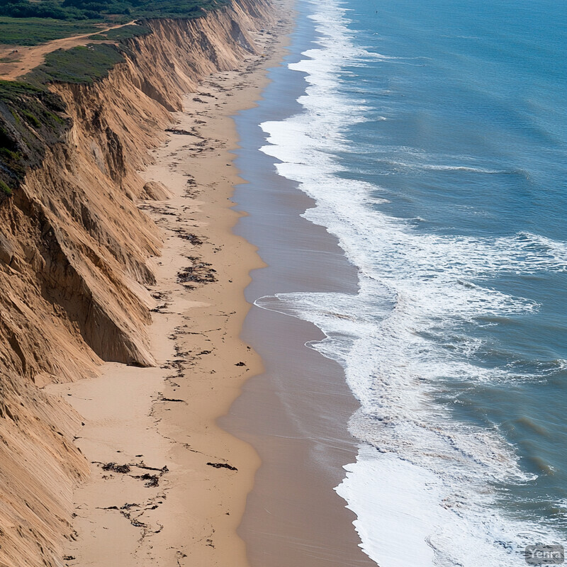 A coastal erosion and flooding scene with waves crashing against the shore, causing damage to nearby structures and vegetation.