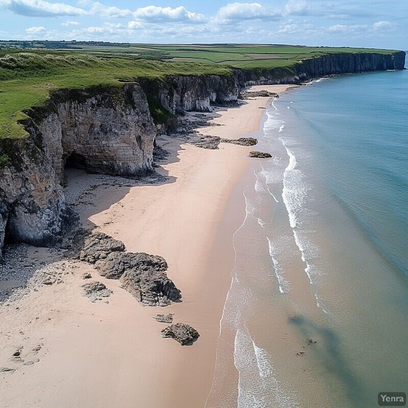 A serene coastal scene with a cliff, beach, and body of water.