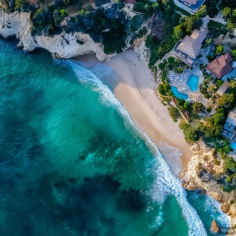 Aerial view of a serene coastal area with crystal-clear waters and lush greenery.