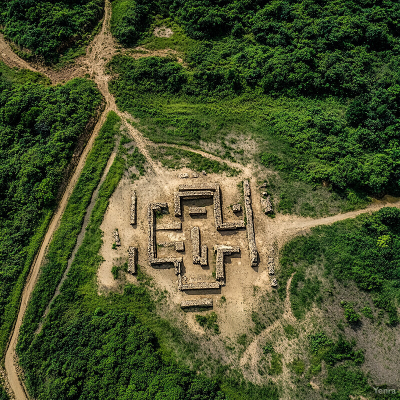 An aerial view of an ancient ruin in a forest setting.