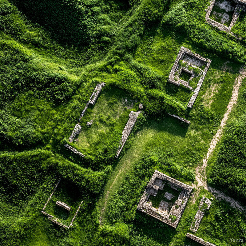 Aerial view of an ancient temple or palace complex with overgrown vegetation and stone structures.