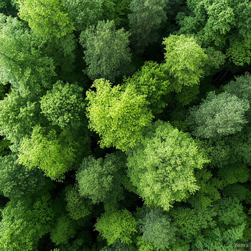 Dense Forest with Green Canopies and Scattered Bare Tree Trunks