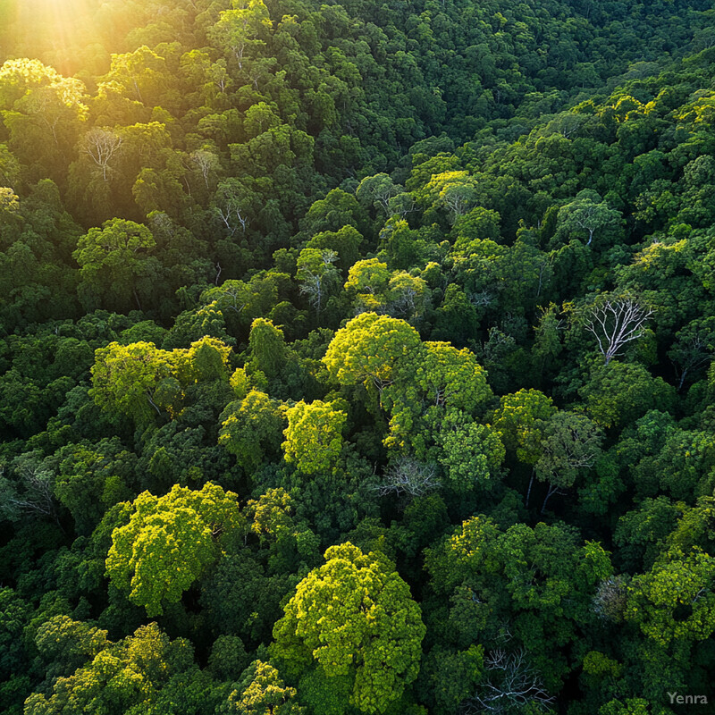 A dense forest with trees and foliage, lit by sunlight.