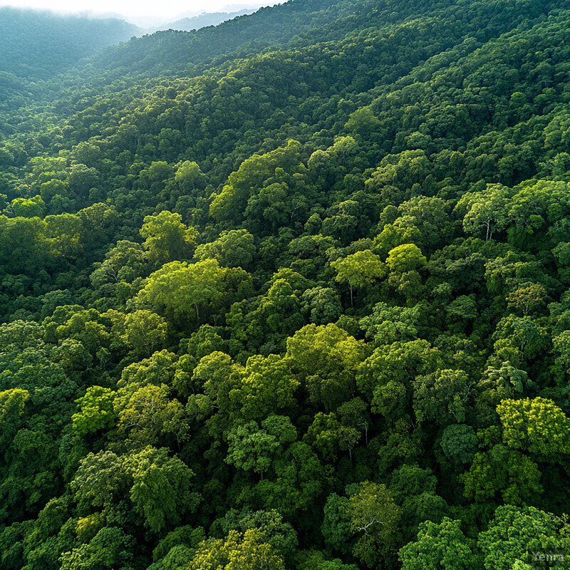 Aerial view of a dense forest with diverse tree species and misty clouds in the distance.