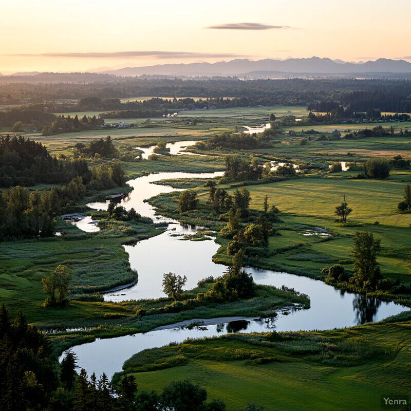 A peaceful landscape with two winding rivers flowing through green fields and trees under a yellow sky.