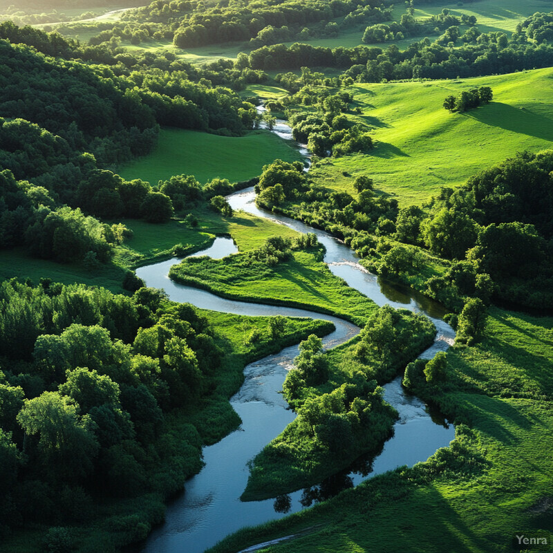 A picturesque landscape with rolling hills, a winding river, and lush greenery.