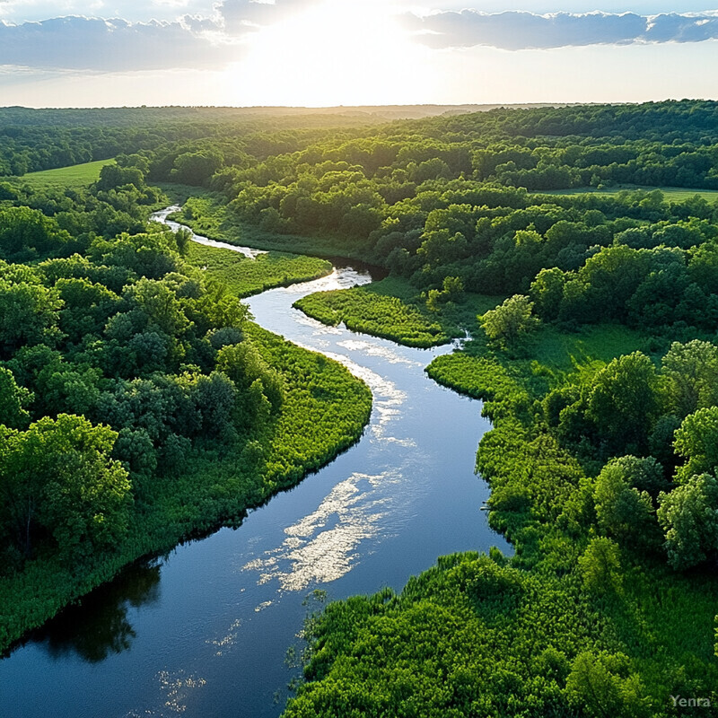 A serene landscape featuring a winding river and lush forest.