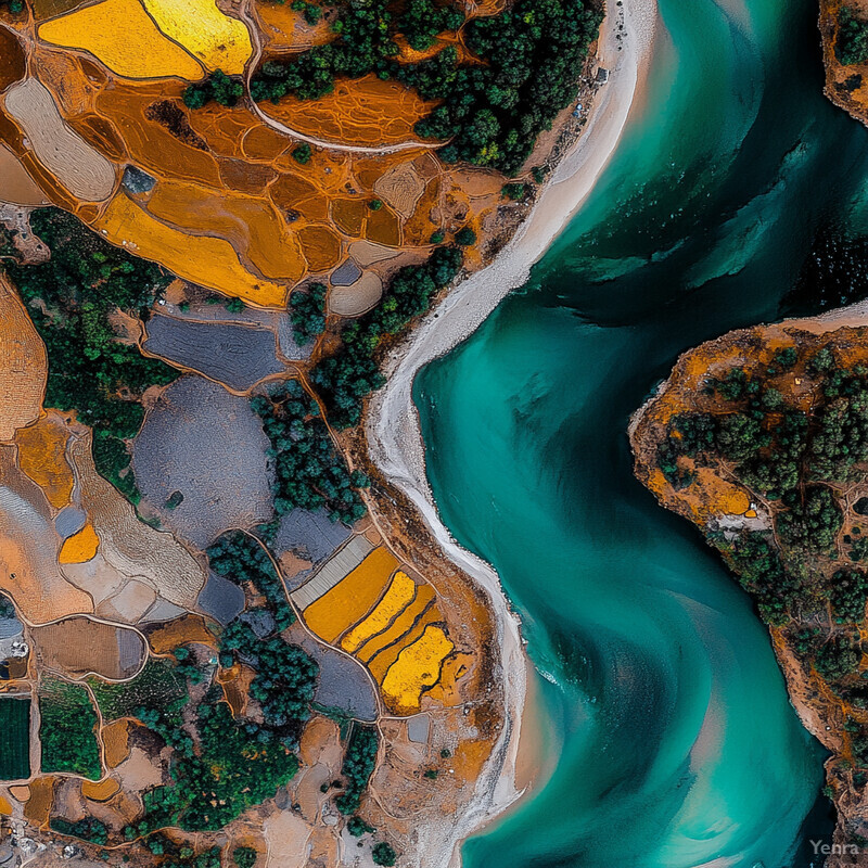 An aerial view of a rural landscape with fields, trees, and water bodies, showcasing both natural beauty and human activity.