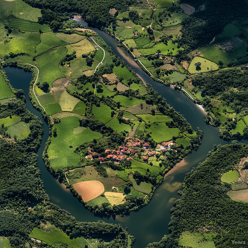 Aerial photograph of a small village surrounded by lush green fields and dense forests on both sides of a winding river.