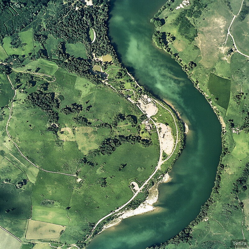 Aerial view of a green landscape with a winding river and scattered buildings in the distance.