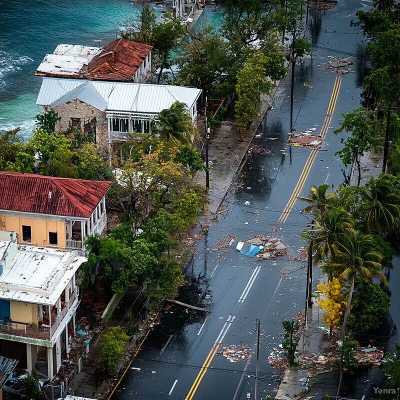 Aerial view of a city street after a natural disaster, showing destruction and debris.