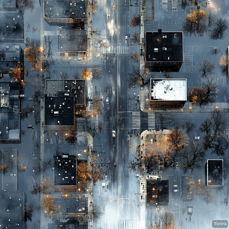 Aerial view of city street after a disaster, with damaged buildings and debris-covered road.