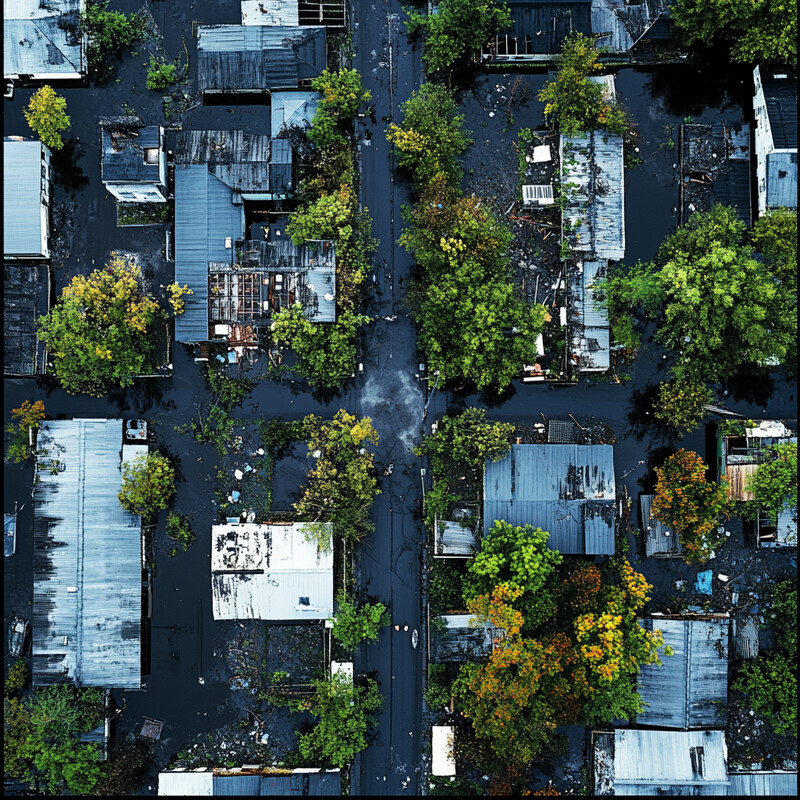 Aerial photograph of an urban area showing damage to buildings and trees, possibly caused by a natural disaster.