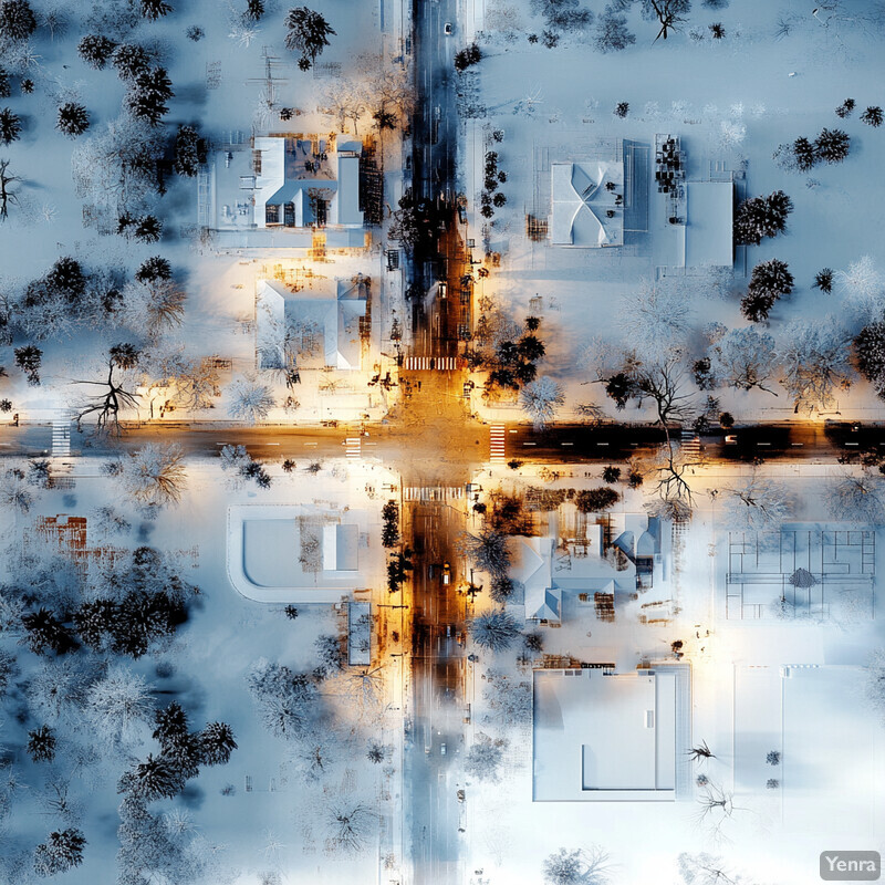 A city street covered in snow, with a few buildings and trees scattered throughout.