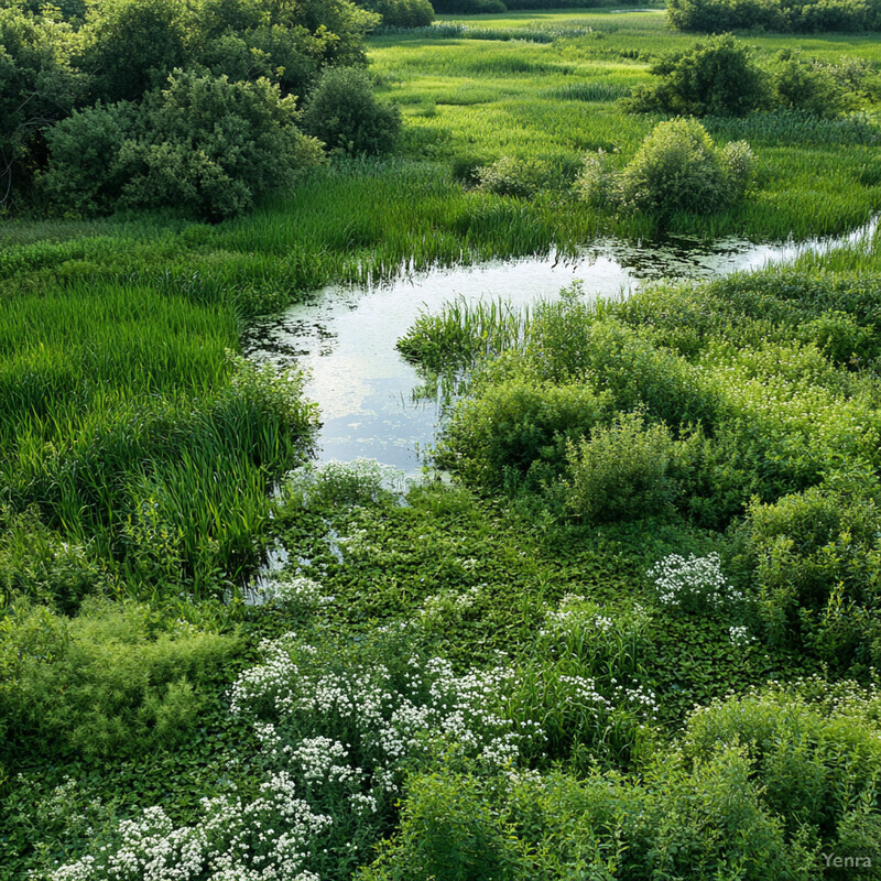 A serene and vibrant landscape dominated by lush greenery and punctuated by splashes of white flowers.