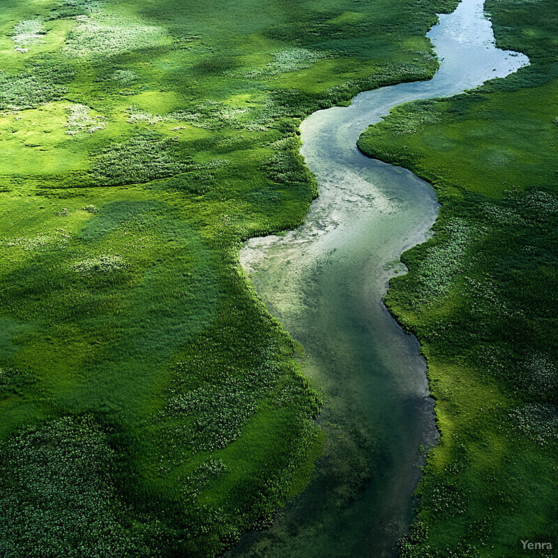 A serene landscape with a winding river flowing through it.