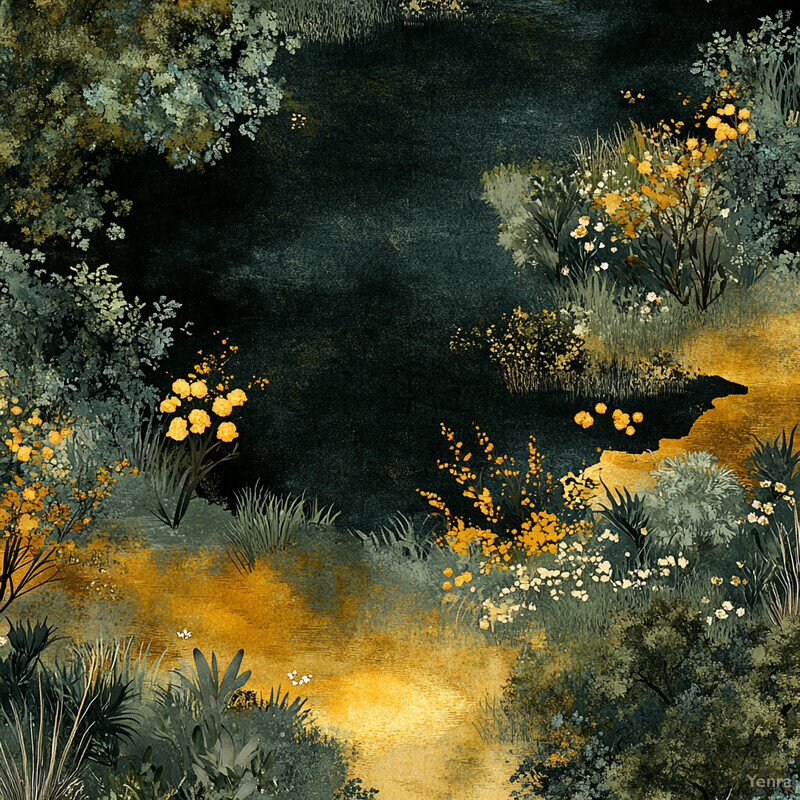 A serene and mysterious dark green landscape with gold accents and an abundance of plants and flowers.