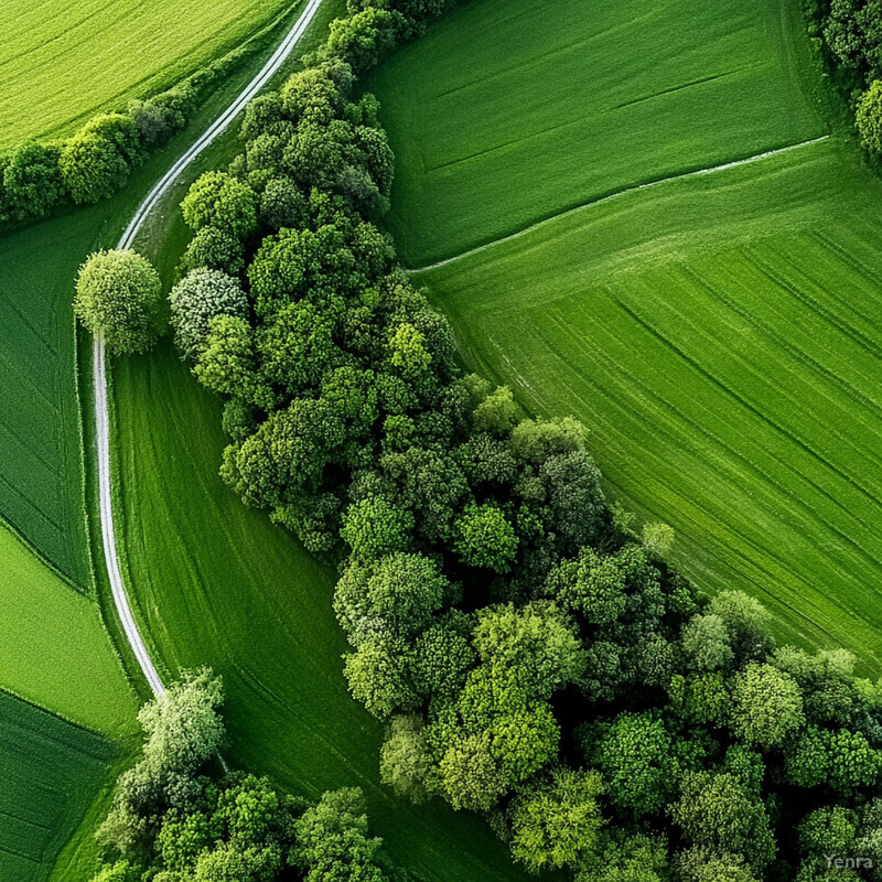 A picturesque landscape of rolling hills and fields with a winding road.