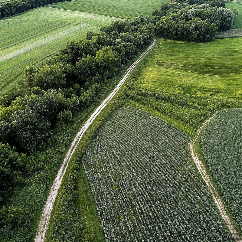 Aerial view of a countryside road surrounded by green fields and trees.