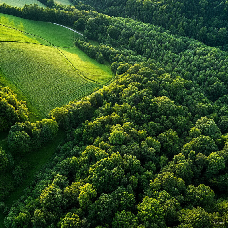 Aerial view of a serene landscape featuring rolling hills and dense forests.