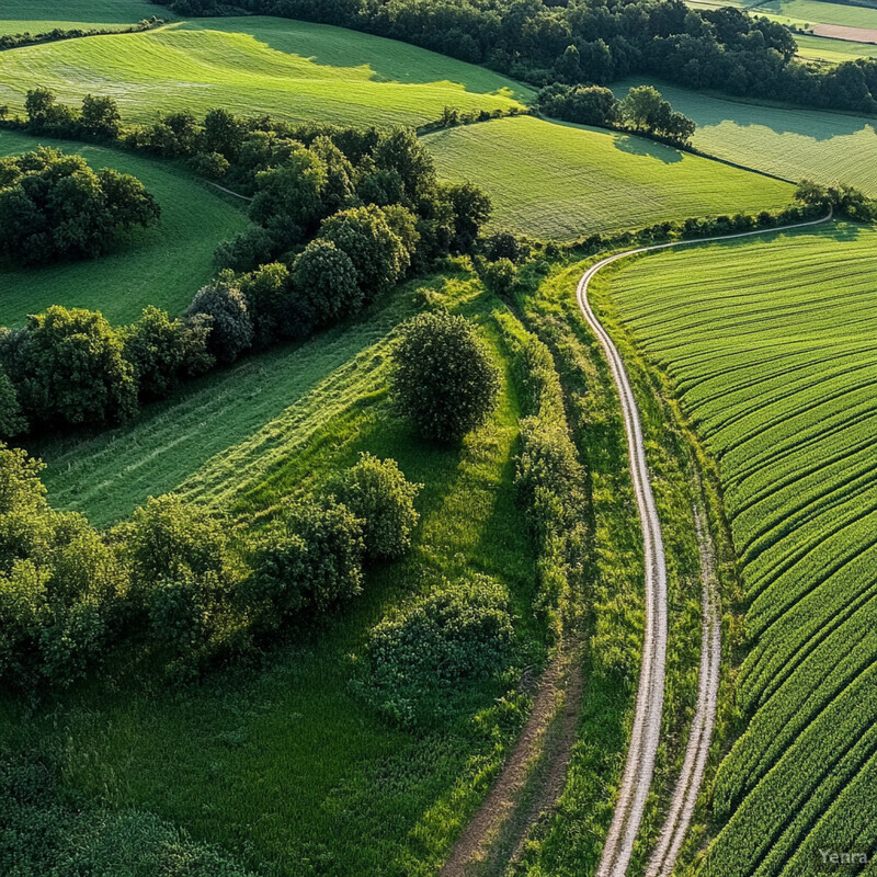 A picturesque countryside landscape with rolling hills and fields of green crops, set against a backdrop of lush trees.