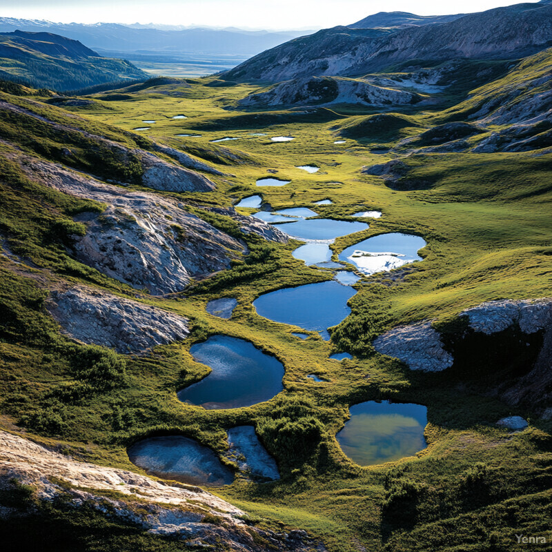 A breathtaking view of mountains with numerous small lakes scattered throughout the valley.