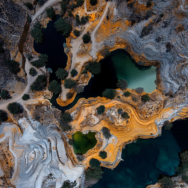 An aerial view of a mine reclamation site with multiple ponds and lakes surrounded by trees and bushes.