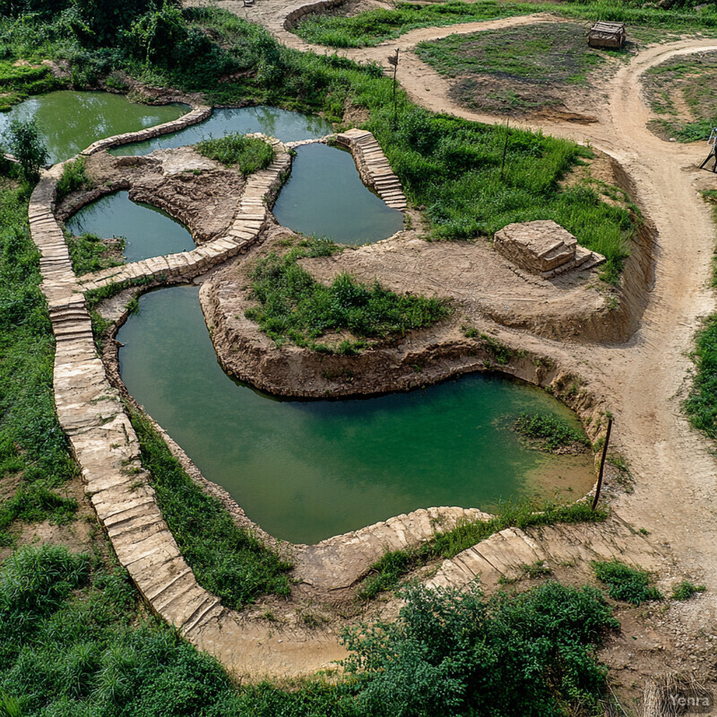 A serene outdoor setting featuring several small ponds and winding dirt paths surrounded by lush greenery.