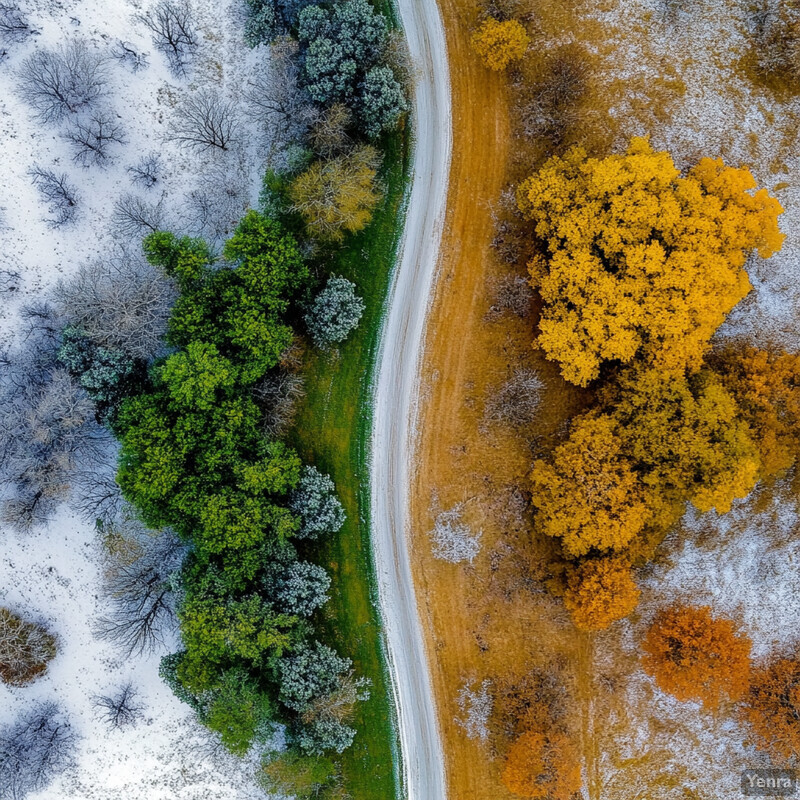 A photograph of a landscape taken from above, showcasing the contrast between winter and fall.