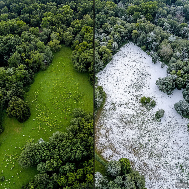 A striking aerial photograph showcasing the transformation of a forest landscape from lush greenery to snowy white.