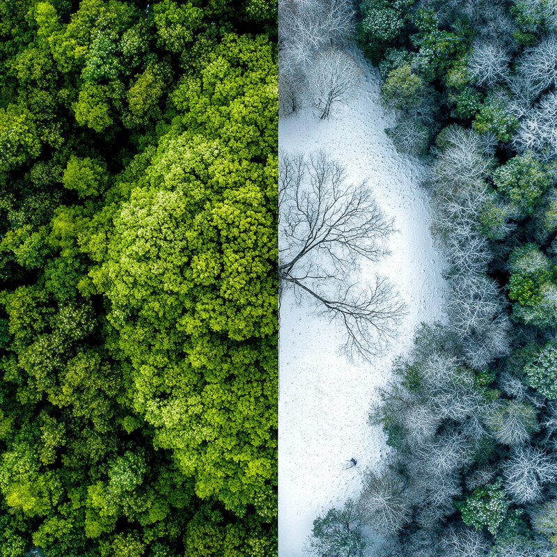 Multi-Temporal and Seasonal Pattern Analysis: A striking contrast between lush greenery and a barren landscape, highlighting nature's cyclical changes.